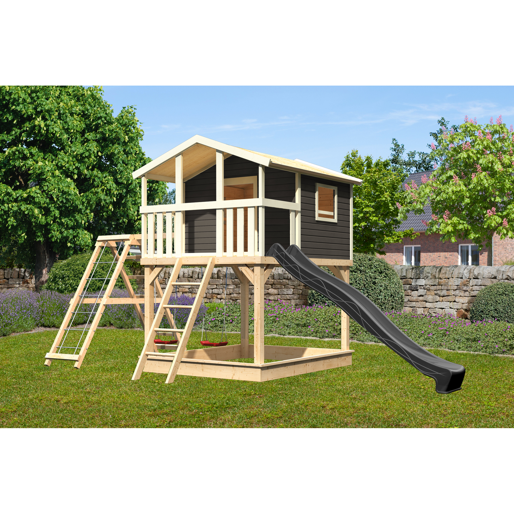 Stelzenhaus 'Ciana' terragrau mit Doppelschaukel, Rutsche anthrazit 748 x 264 x 309 cm
