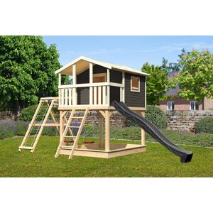 Stelzenhaus 'Ciana' terragrau mit Doppelschaukel, Rutsche anthrazit 748 x 264 x 309 cm