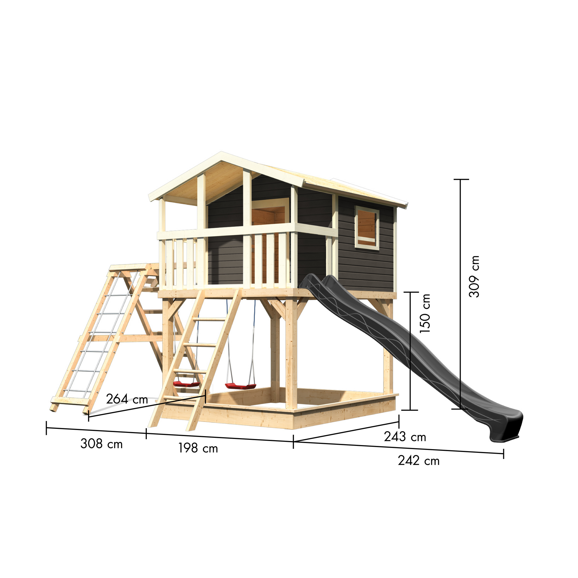 Stelzenhaus 'Ciana' terragrau mit Doppelschaukel, Rutsche anthrazit 748 x 264 x 309 cm