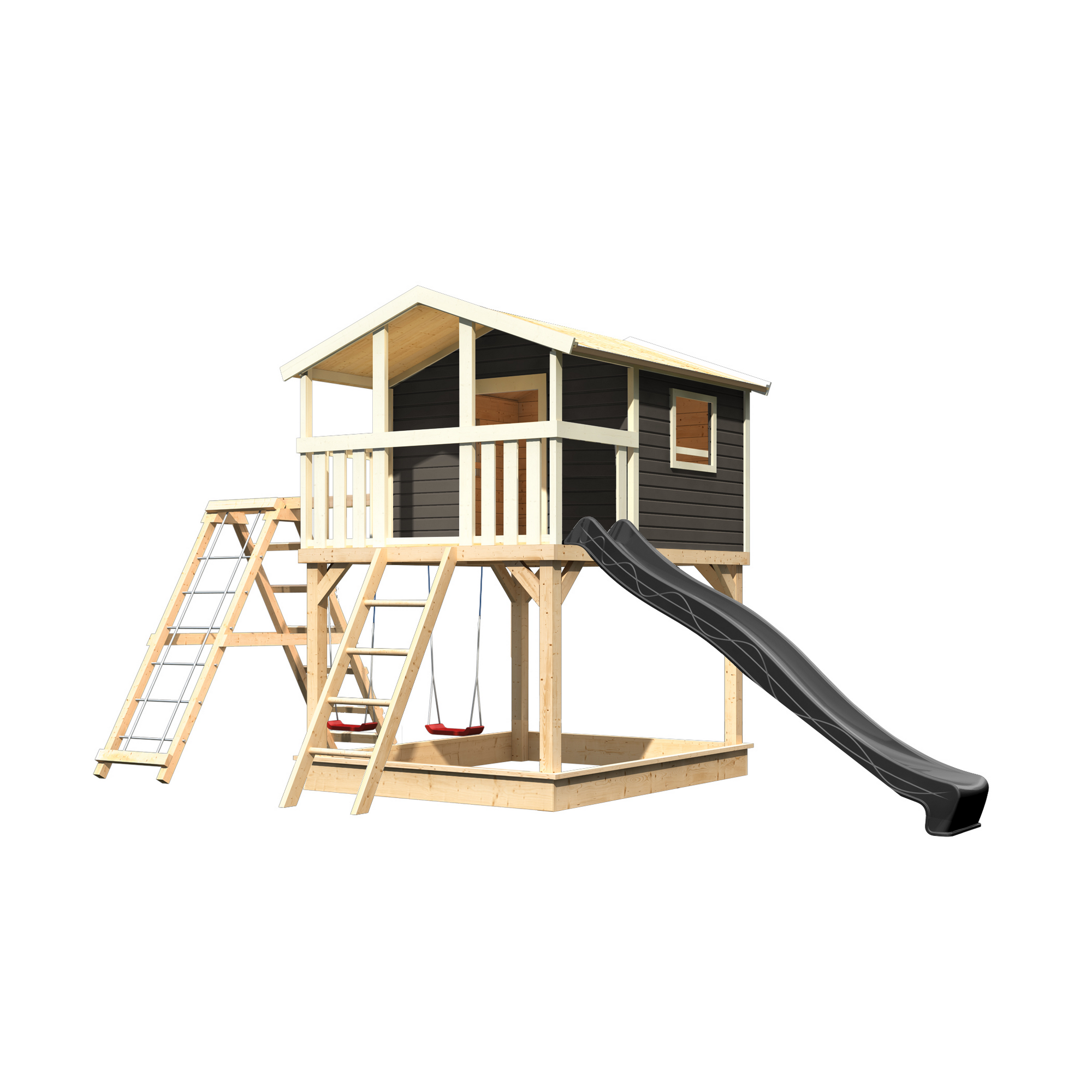 Stelzenhaus 'Ciana' terragrau mit Doppelschaukel, Rutsche anthrazit 748 x 264 x 309 cm