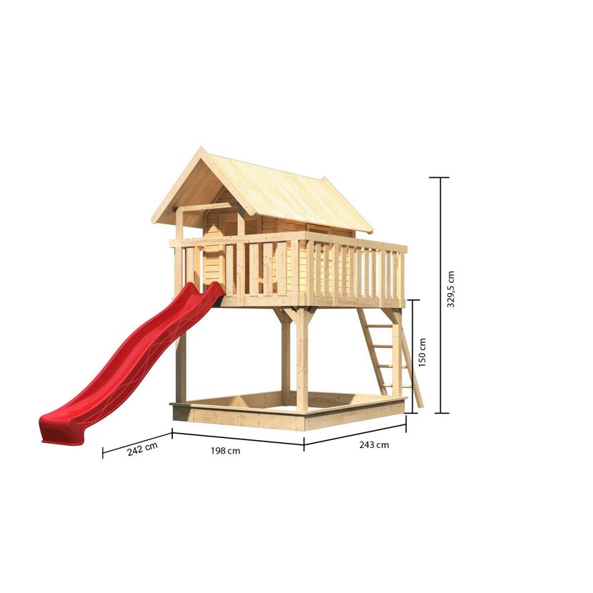 Stelzenhaus 'Karlie' naturbelassen mit Rutsche rot 198 x 485 x 329,5 cm