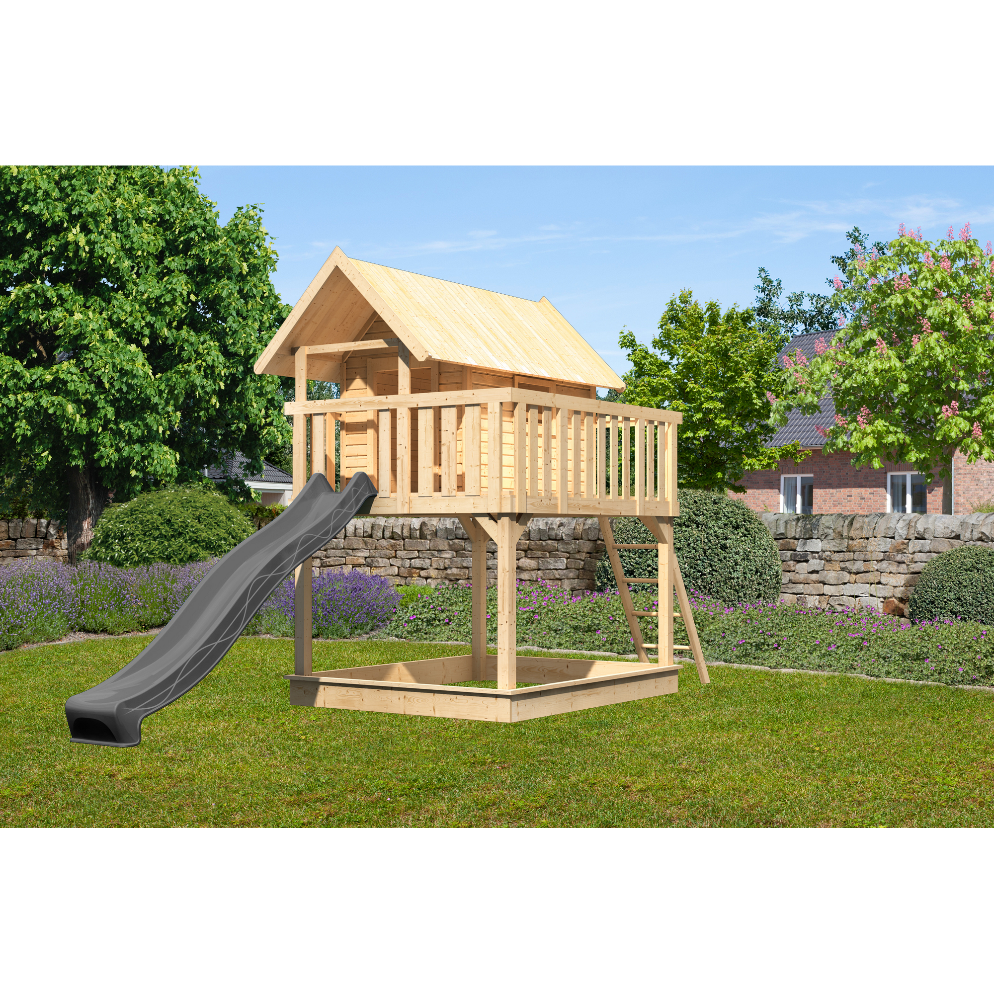 Stelzenhaus 'Karlie' naturbelassen mit Rutsche anthrazit 198 x 485 x 329,5 cm