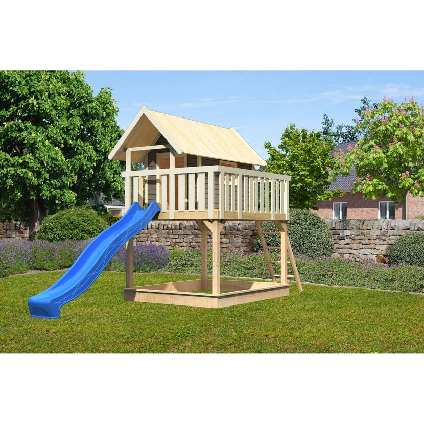 Stelzenhaus 'Karlie' terragrau mit Rutsche blau 198 x 485 x 329,5 cm