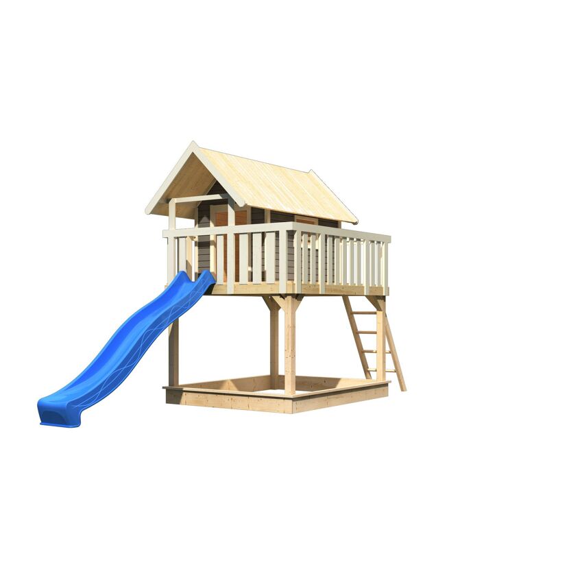 Stelzenhaus 'Karlie' terragrau mit Rutsche blau 198 x 485 x 329,5 cm