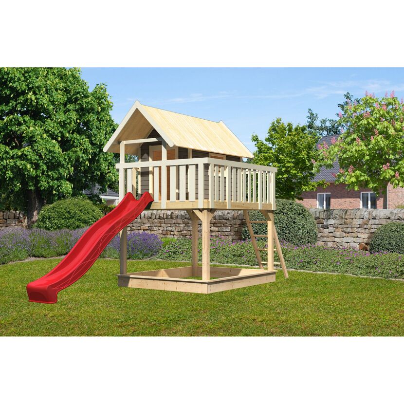 Stelzenhaus 'Karlie' terragrau mit Rutsche rot 198 x 485 x 329,5 cm