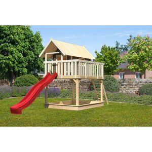 Stelzenhaus 'Karlie' terragrau mit Rutsche rot 198 x 485 x 329,5 cm