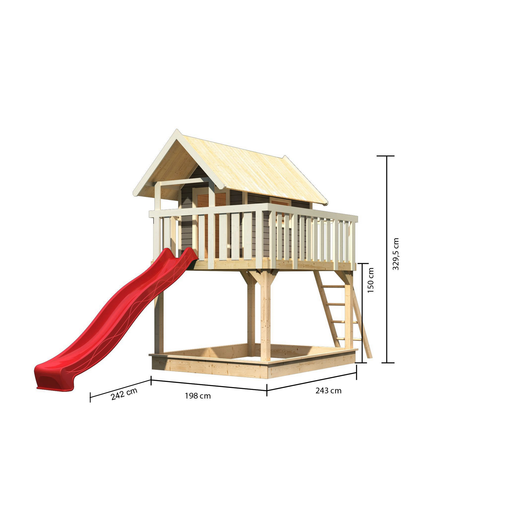 Stelzenhaus 'Karlie' terragrau mit Rutsche rot 198 x 485 x 329,5 cm