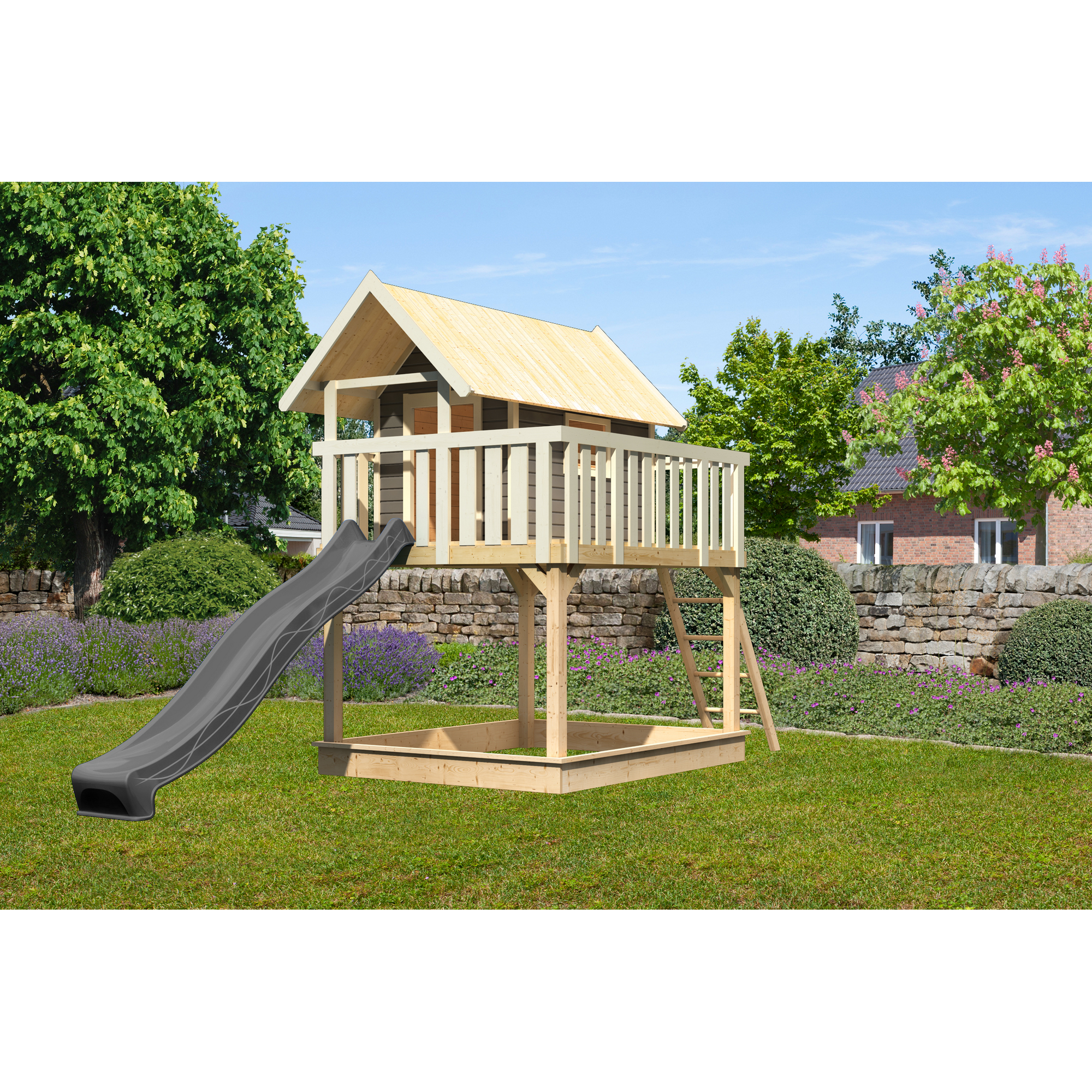 Stelzenhaus 'Karlie' terragrau mit Rutsche anthrazit 198 x 485 x 329,5 cm