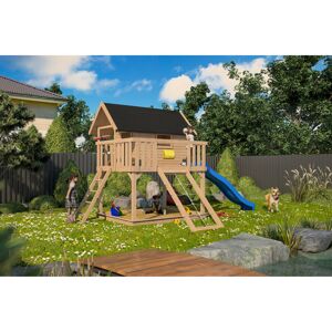 Stelzenhaus 'Karlie' naturbelassen mit Rutsche blau, Netzrampe 198 x 485 x 329,5 cm