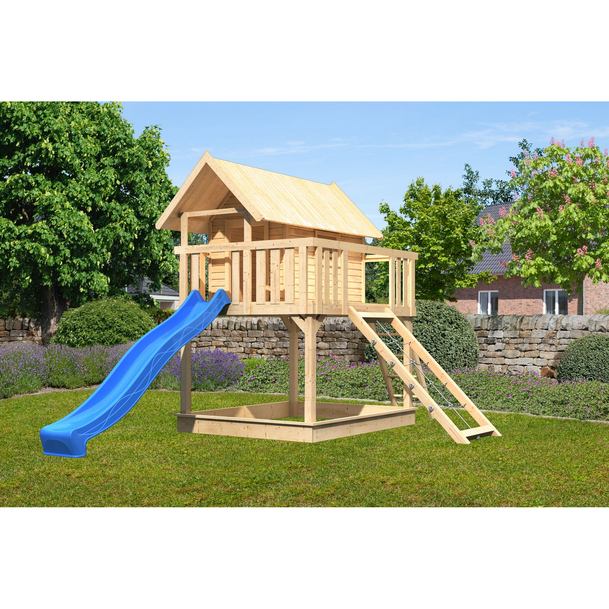 Stelzenhaus 'Karlie' naturbelassen mit Rutsche blau, Netzrampe 198 x 485 x 329,5 cm