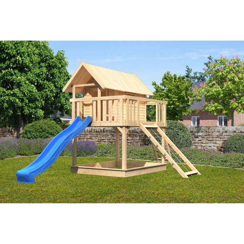 Stelzenhaus 'Karlie' naturbelassen mit Rutsche blau, Netzrampe 198 x 485 x 329,5 cm