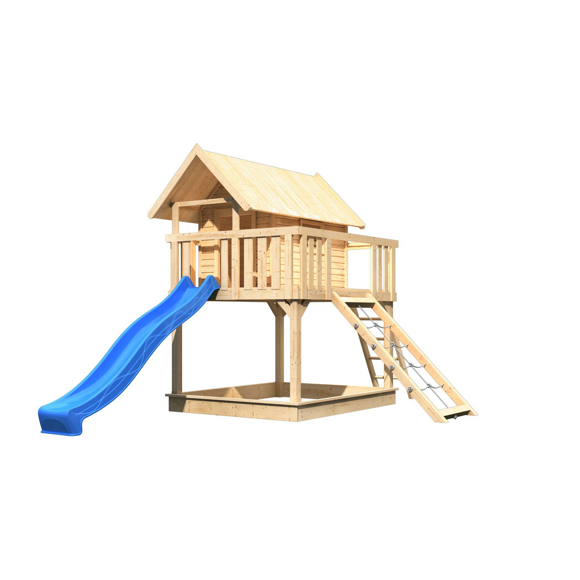 Stelzenhaus 'Karlie' naturbelassen mit Rutsche blau, Netzrampe 198 x 485 x 329,5 cm