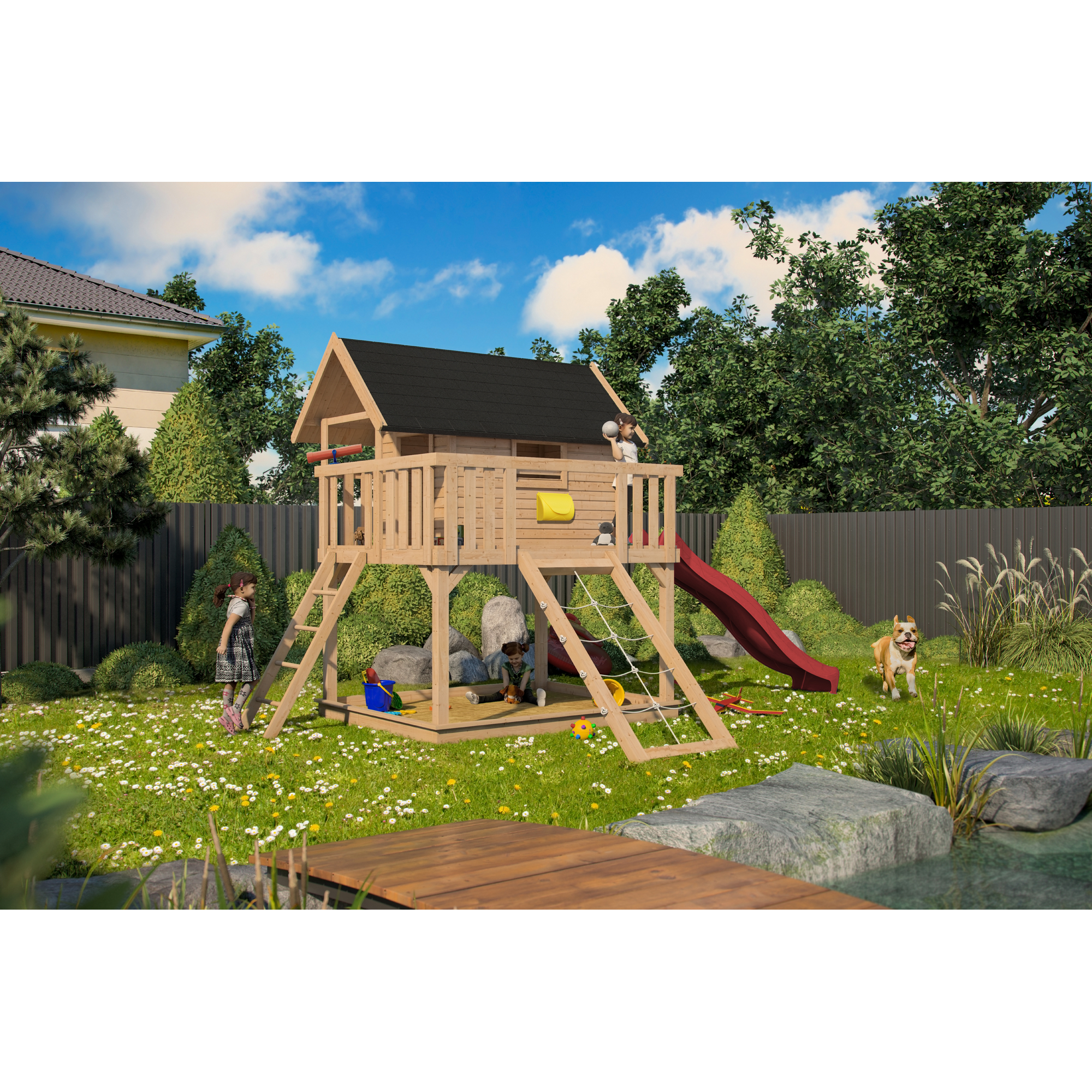 Stelzenhaus 'Karlie' naturbelassen mit Rutsche rot, Netzrampe 198 x 485 x 329,5 cm