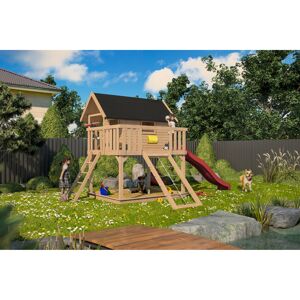Stelzenhaus 'Karlie' naturbelassen mit Rutsche rot, Netzrampe 198 x 485 x 329,5 cm