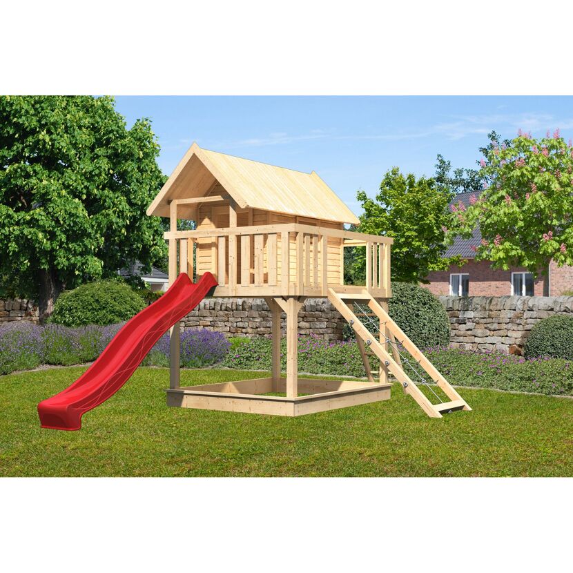 Stelzenhaus 'Karlie' naturbelassen mit Rutsche rot, Netzrampe 198 x 485 x 329,5 cm