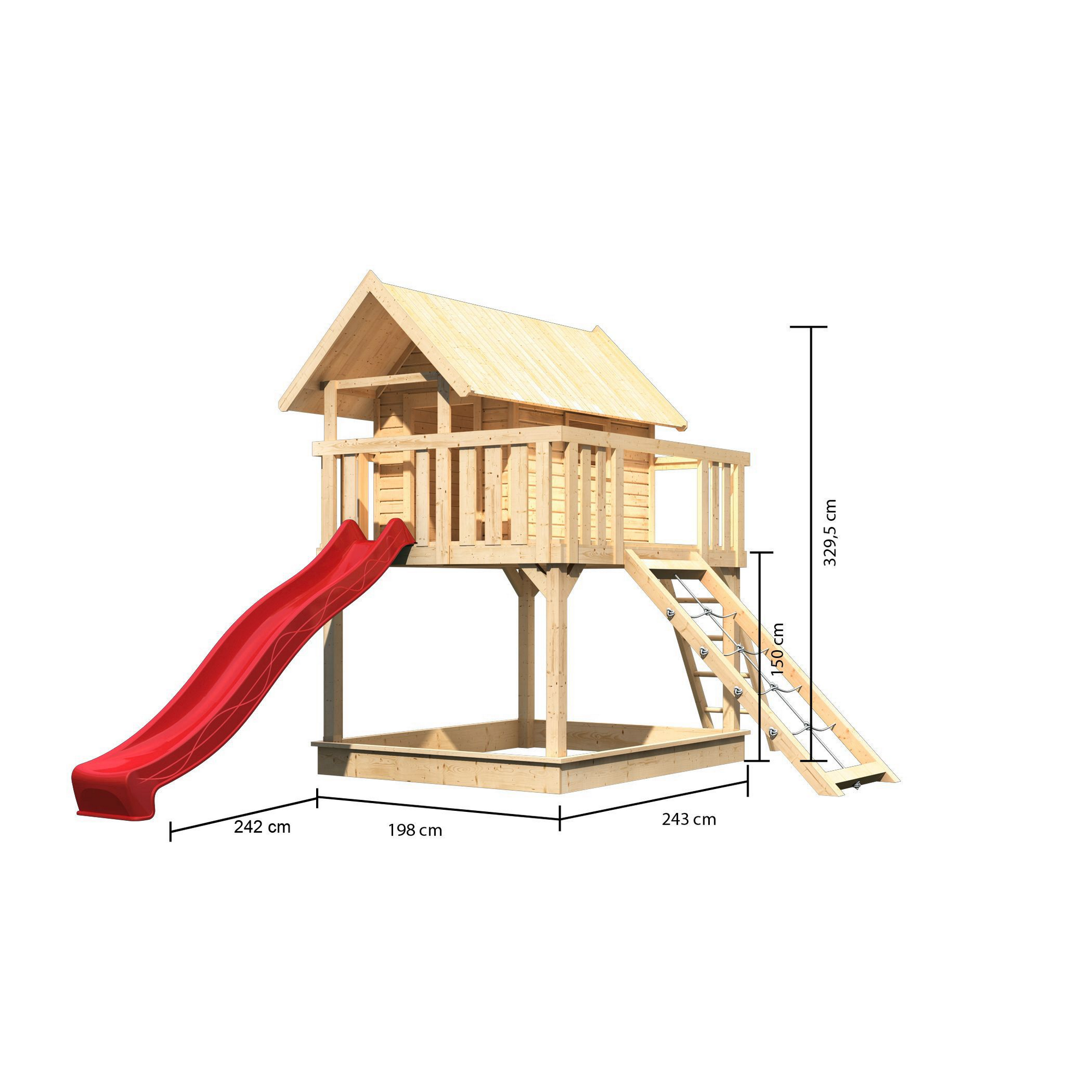 Stelzenhaus 'Karlie' naturbelassen mit Rutsche rot, Netzrampe 198 x 485 x 329,5 cm