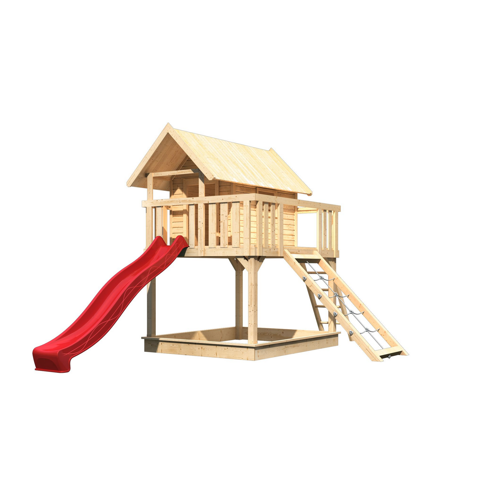 Stelzenhaus 'Karlie' naturbelassen mit Rutsche rot, Netzrampe 198 x 485 x 329,5 cm