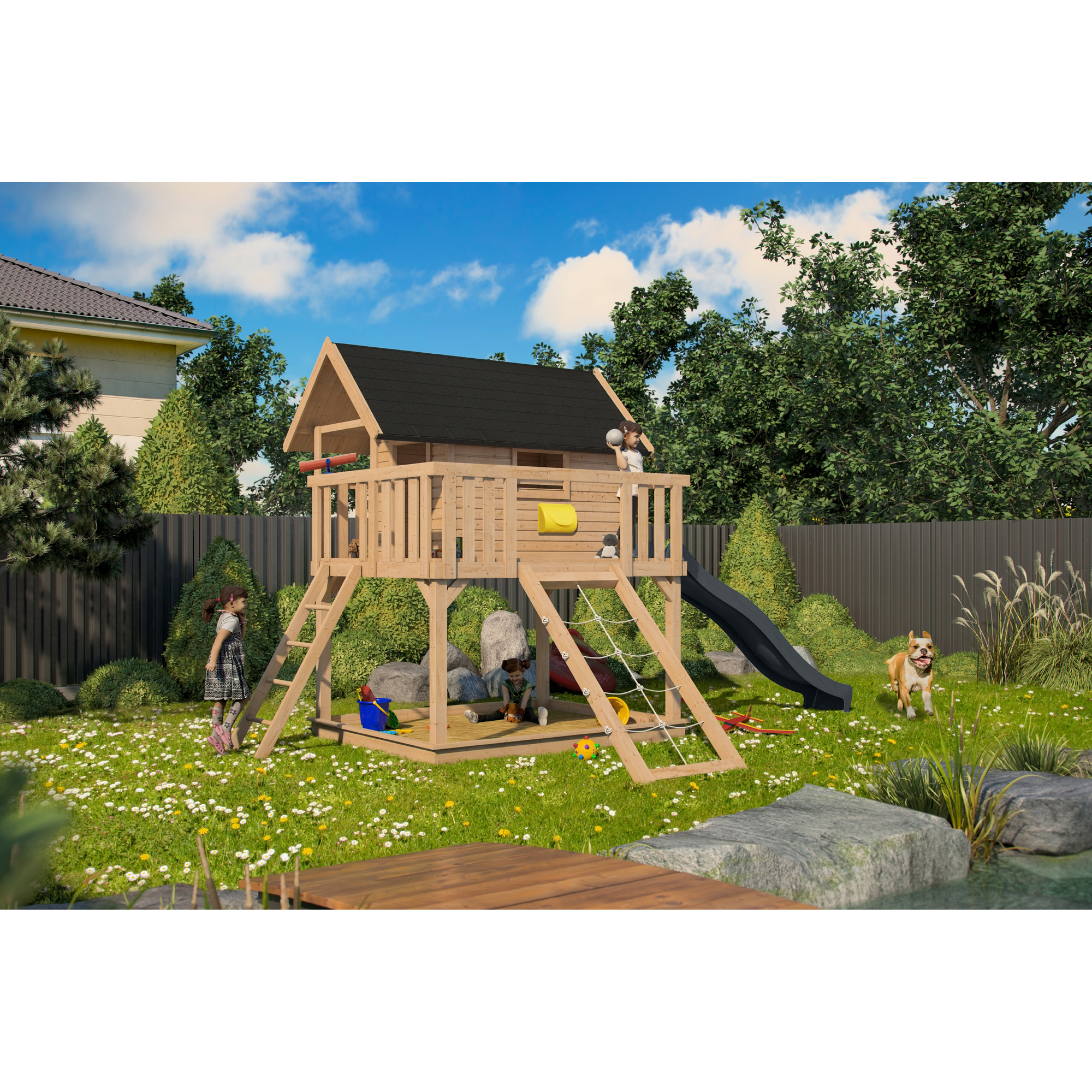 Stelzenhaus 'Karlie' naturbelassen mit Rutsche anthrazit, Netzrampe 198 x 485 x 329,5 cm