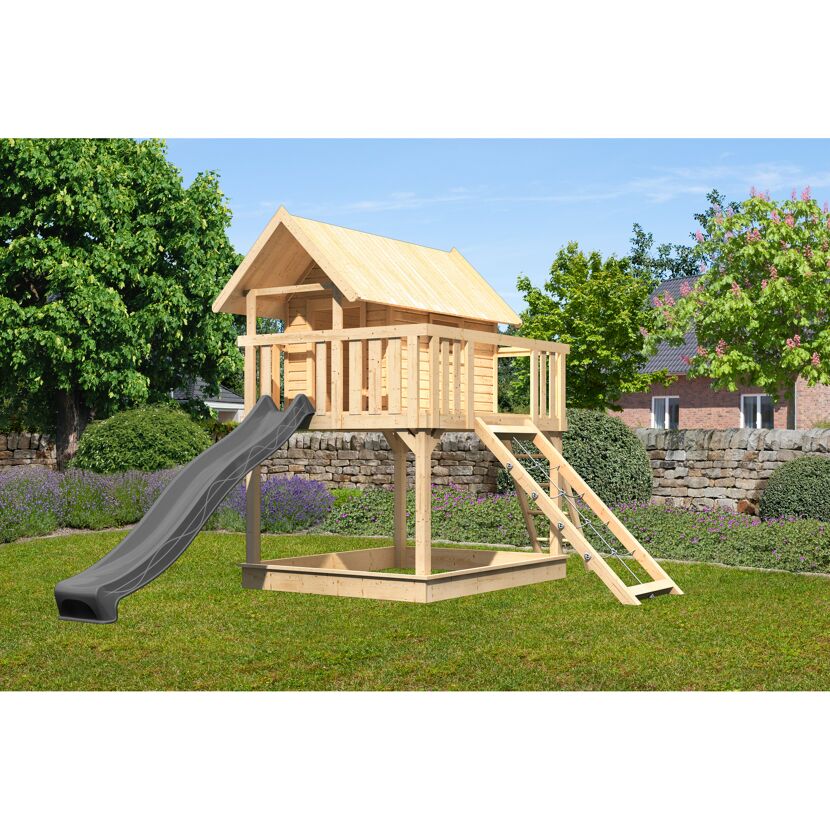 Stelzenhaus 'Karlie' naturbelassen mit Rutsche anthrazit, Netzrampe 198 x 485 x 329,5 cm