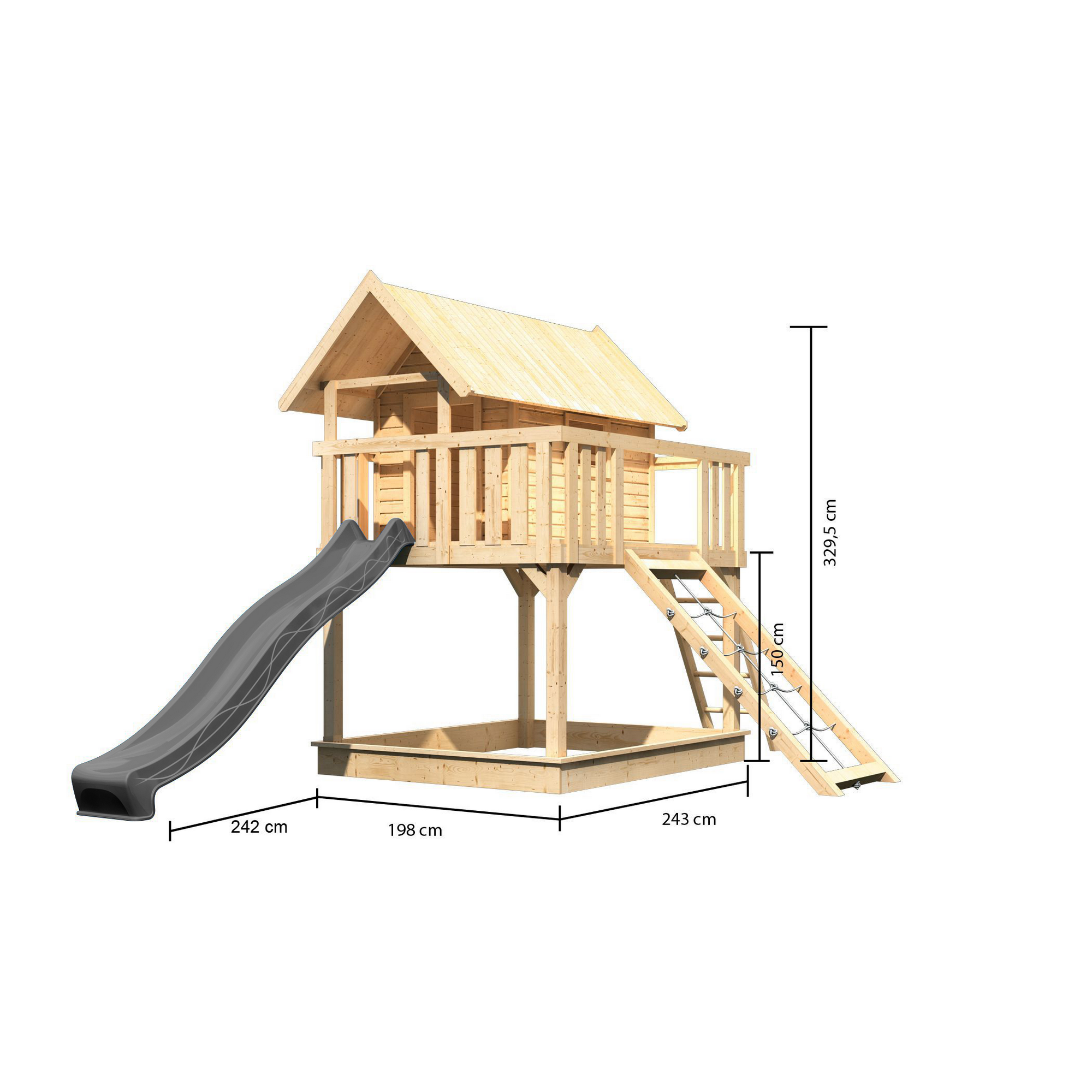 Stelzenhaus 'Karlie' naturbelassen mit Rutsche anthrazit, Netzrampe 198 x 485 x 329,5 cm