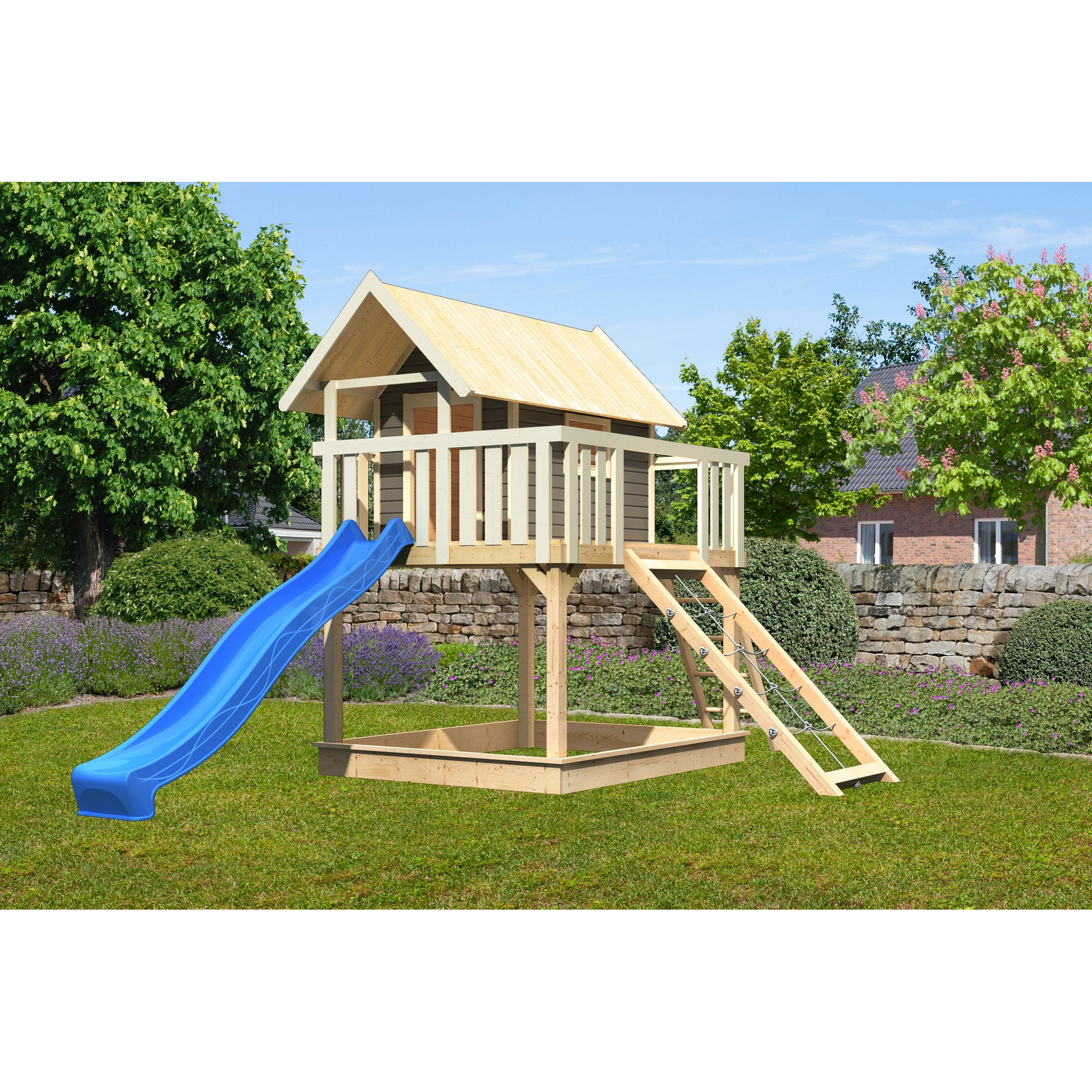 Stelzenhaus 'Karlie' terragrau mit Rutsche blau, Netzrampe 198 x 485 x 329,5 cm