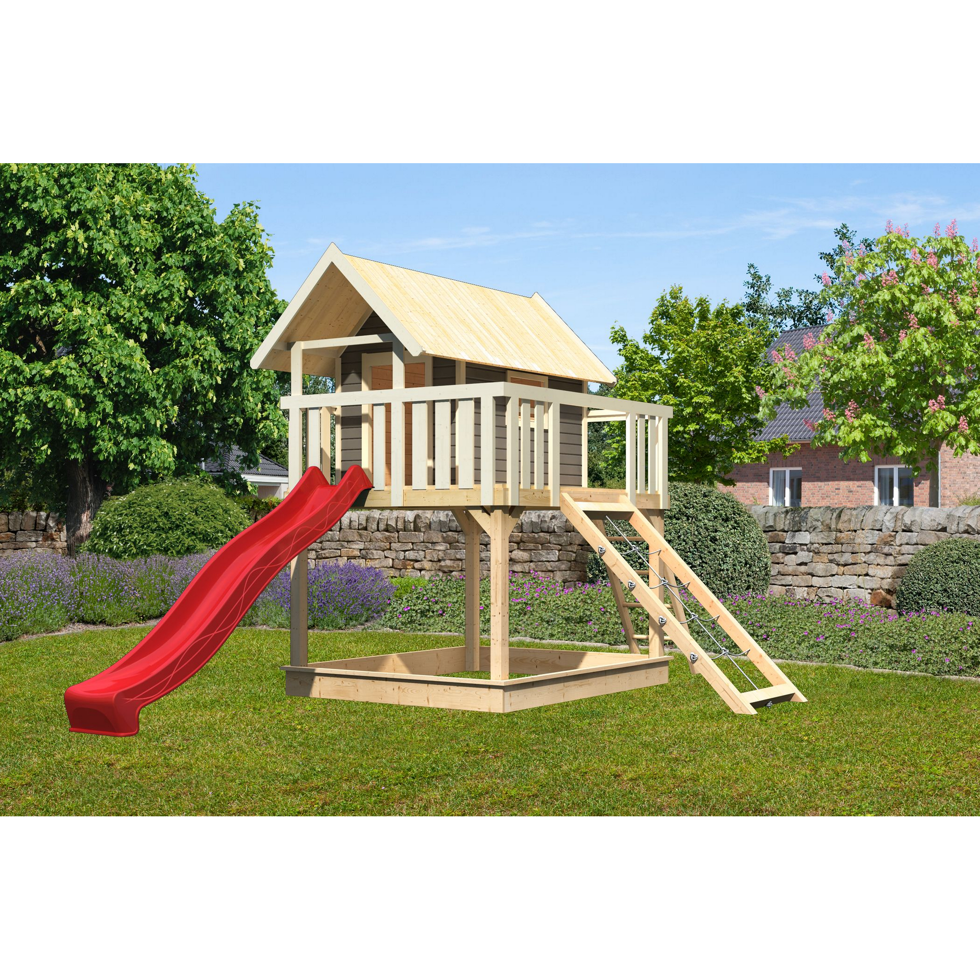 Stelzenhaus 'Karlie' terragrau mit Rutsche rot, Netzrampe 198 x 485 x 329,5 cm