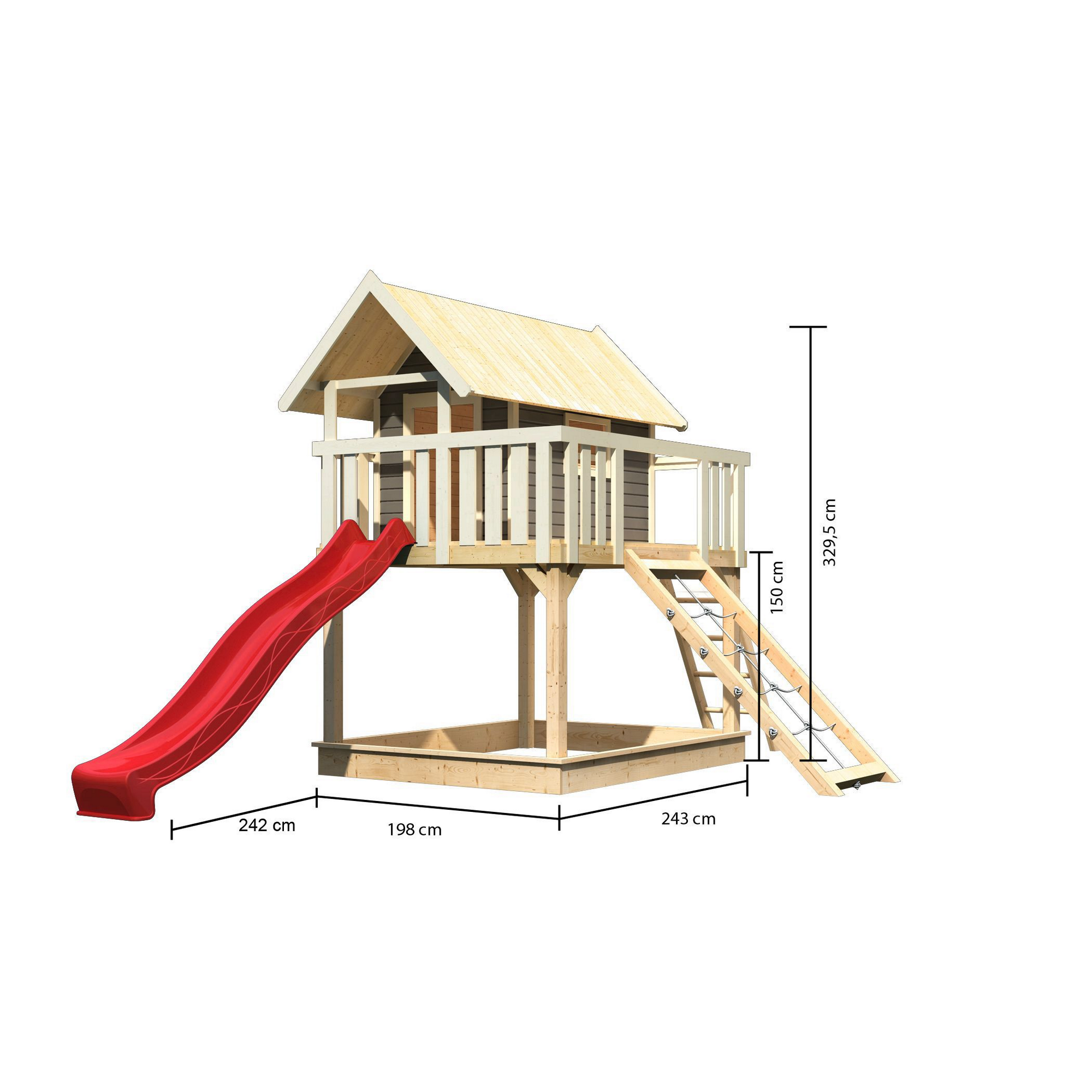 Stelzenhaus 'Karlie' terragrau mit Rutsche rot, Netzrampe 198 x 485 x 329,5 cm