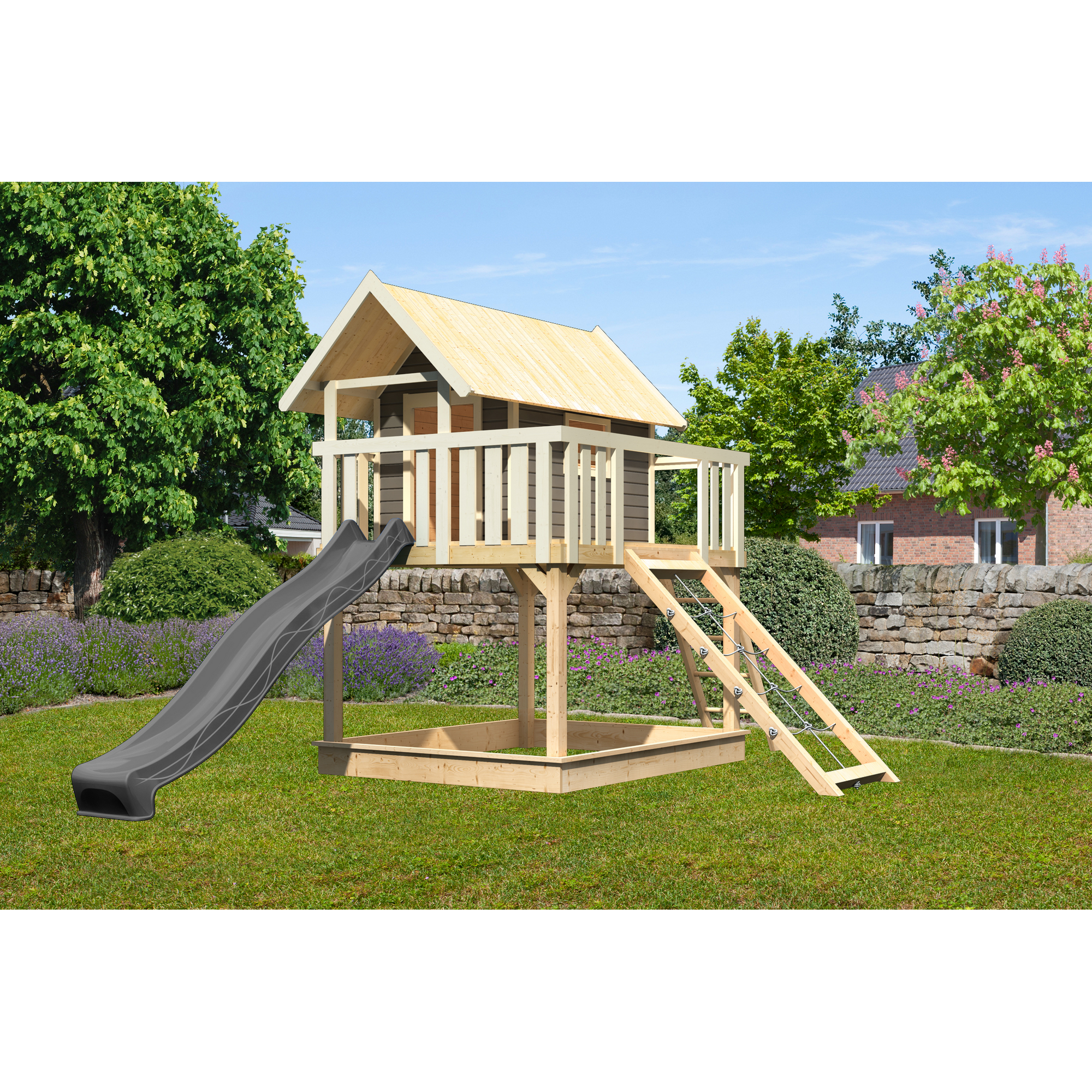 Stelzenhaus 'Karlie' terragrau mit Rutsche anthrazit, Netzrampe 198 x 485 x 329,5 cm