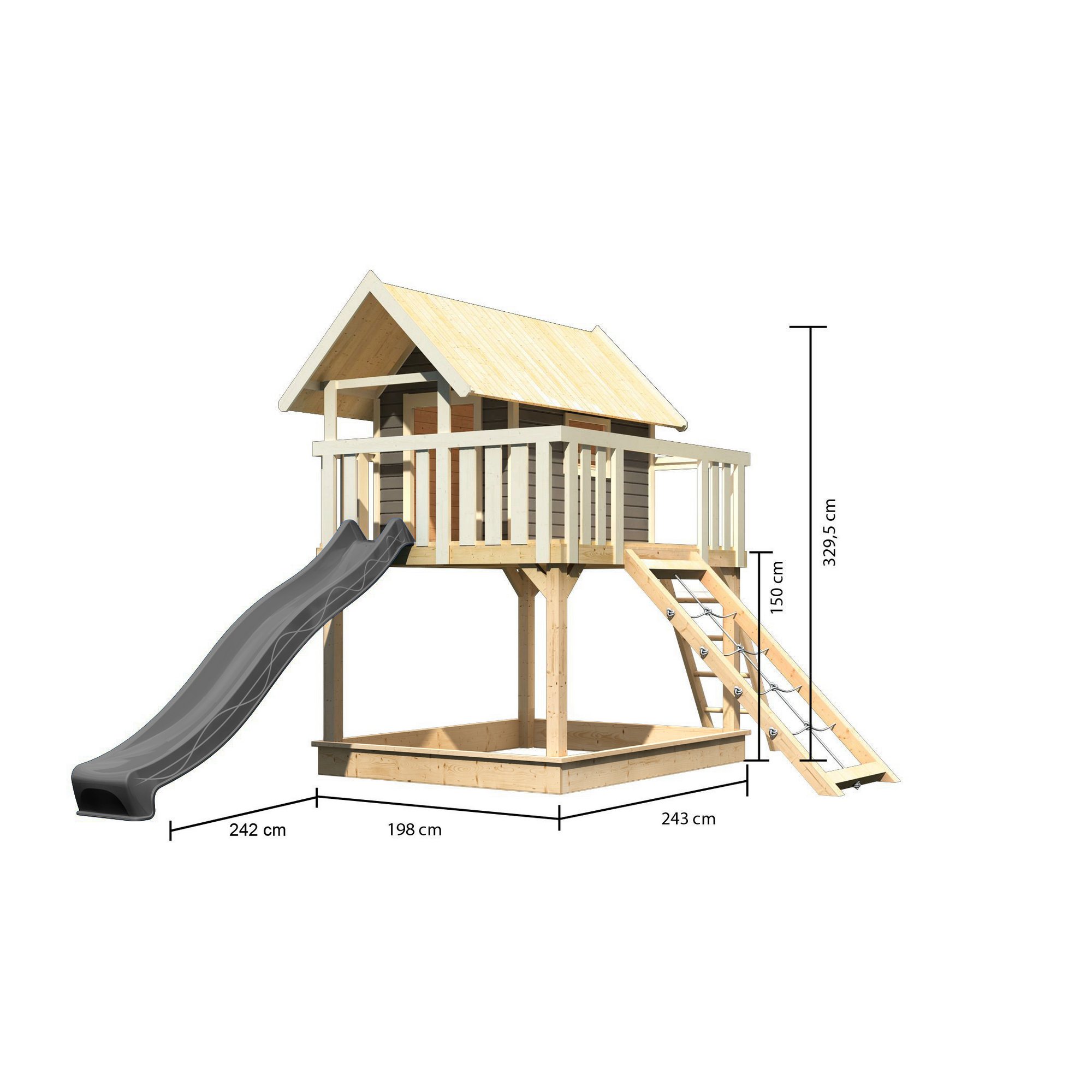 Stelzenhaus 'Karlie' terragrau mit Rutsche anthrazit, Netzrampe 198 x 485 x 329,5 cm