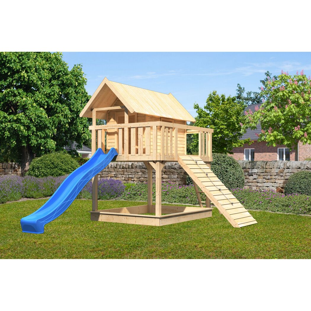 Stelzenhaus 'Karlie' naturbelassen mit Rutsche blau, Holzrampe 198 x 485 x 329,5 cm