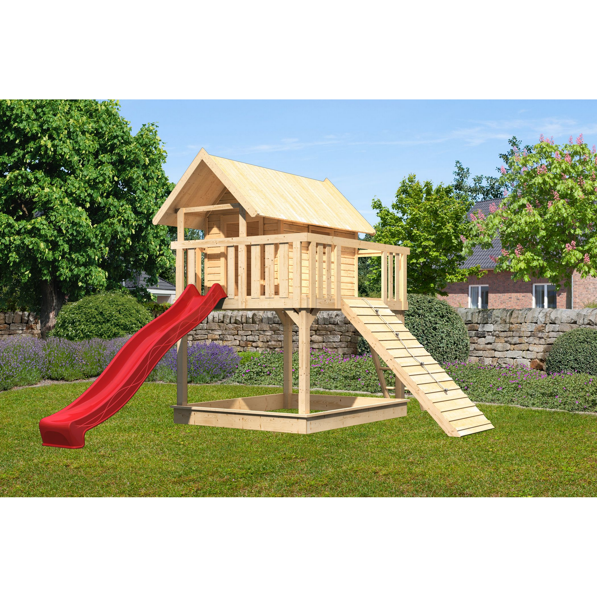 Stelzenhaus 'Karlie' naturbelassen mit Rutsche rot, Holzrampe 198 x 485 x 329,5 cm