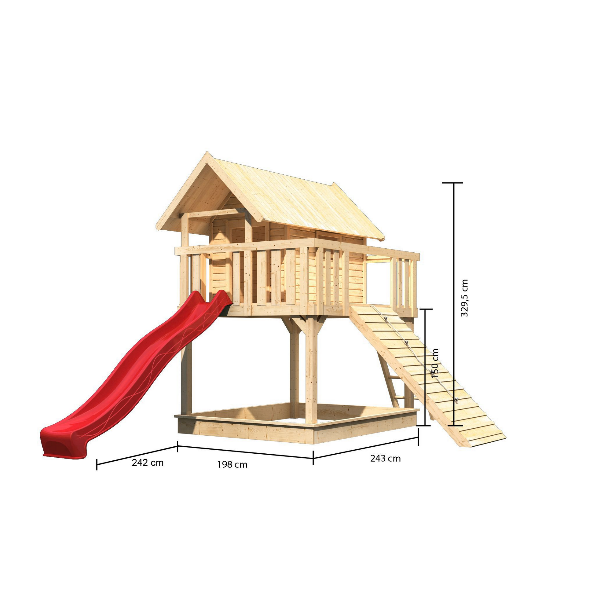 Stelzenhaus 'Karlie' naturbelassen mit Rutsche rot, Holzrampe 198 x 485 x 329,5 cm