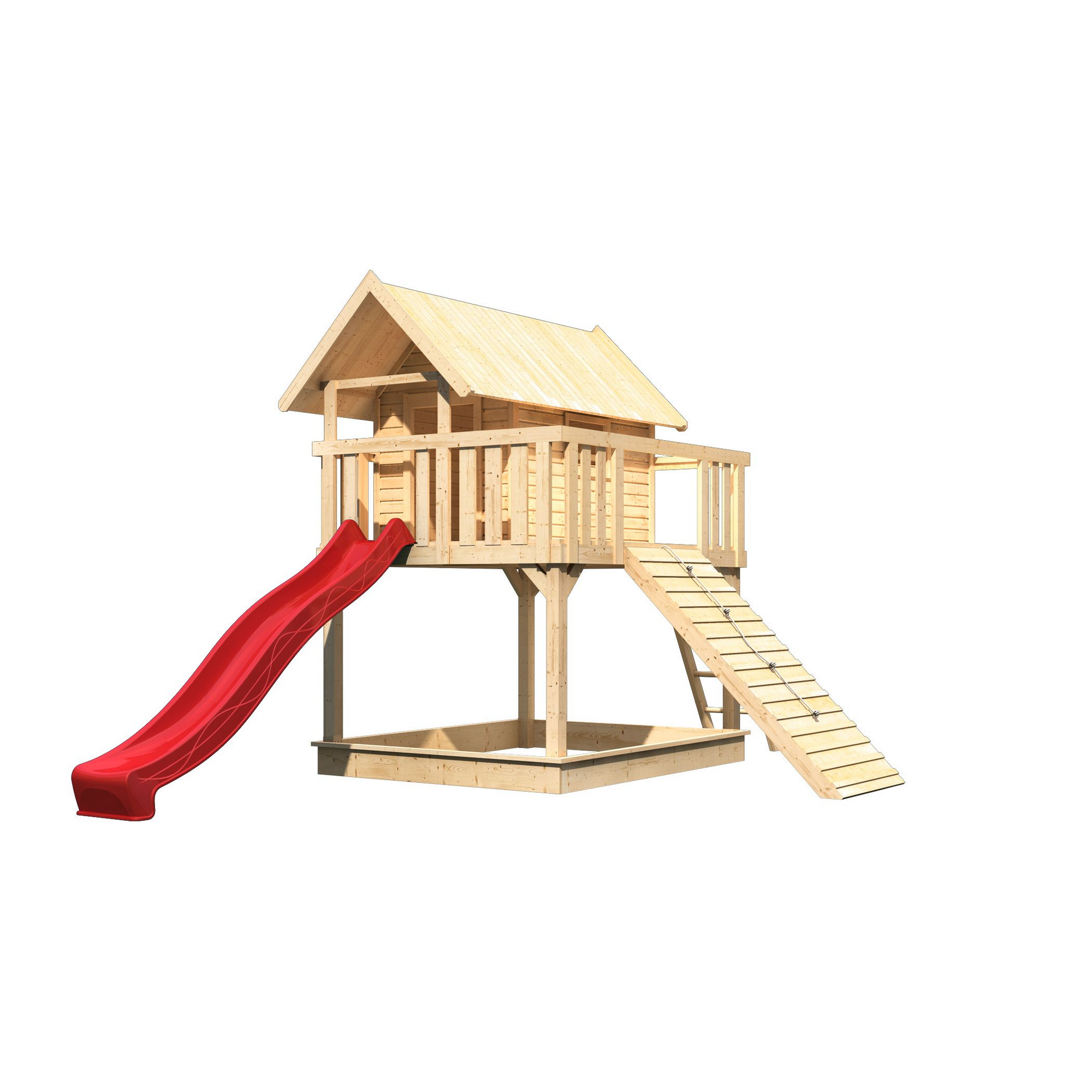 Stelzenhaus 'Karlie' naturbelassen mit Rutsche rot, Holzrampe 198 x 485 x 329,5 cm