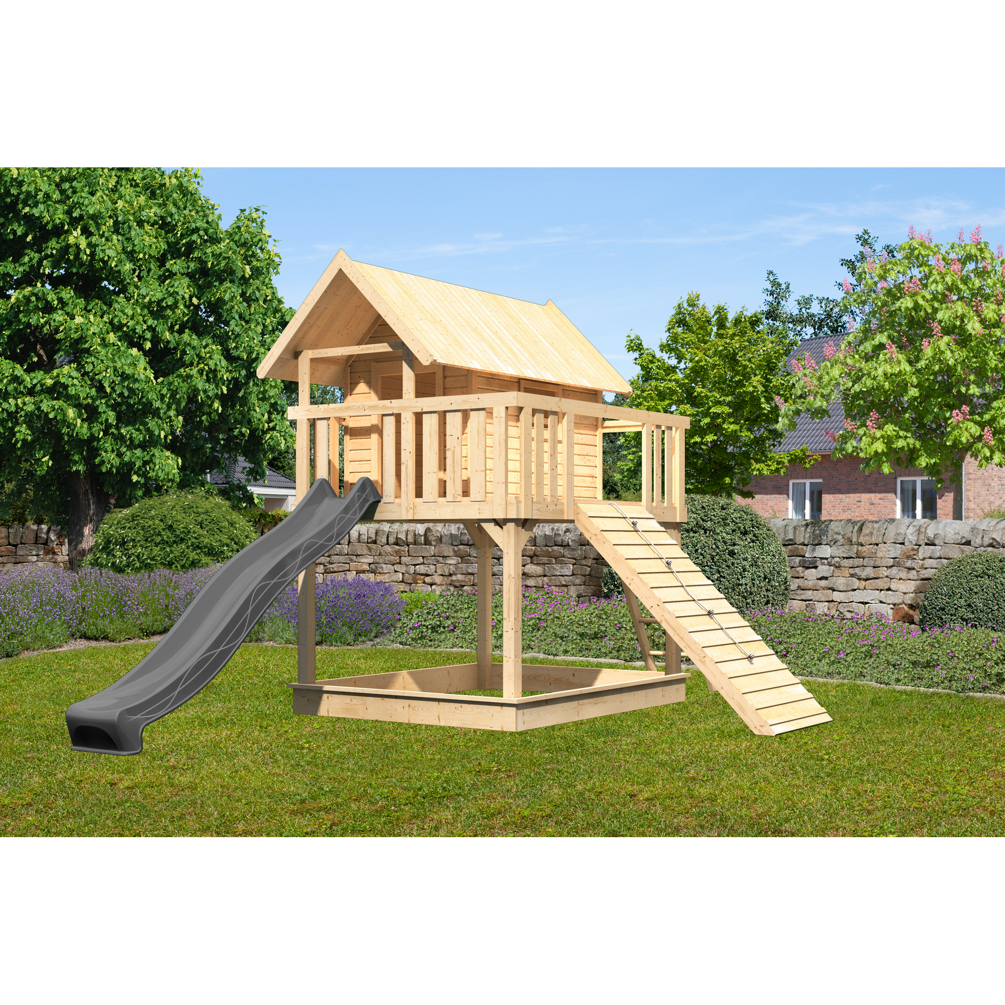 Stelzenhaus 'Karlie' naturbelassen mit Rutsche anthrazit, Holzrampe 198 x 485 x 329,5 cm