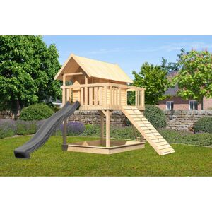 Stelzenhaus 'Karlie' naturbelassen mit Rutsche anthrazit, Holzrampe 198 x 485 x 329,5 cm