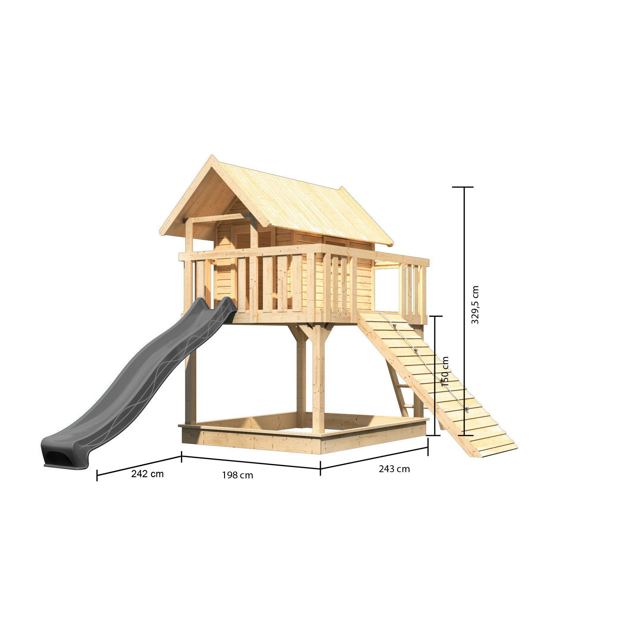 Stelzenhaus 'Karlie' naturbelassen mit Rutsche anthrazit, Holzrampe 198 x 485 x 329,5 cm