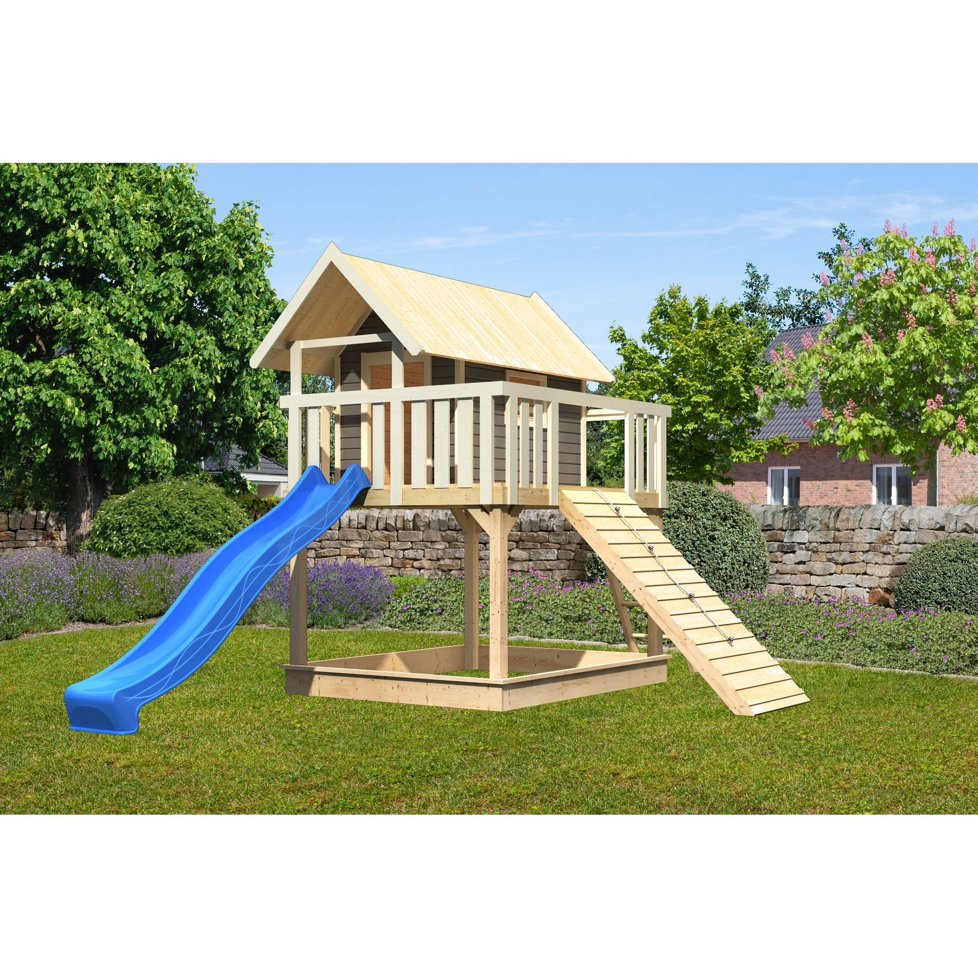 Stelzenhaus 'Karlie' terragrau mit Rutsche blau, Holzrampe 198 x 485 x 329,5 cm