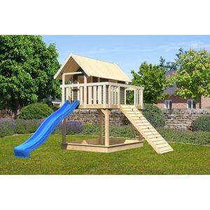 Stelzenhaus 'Karlie' terragrau mit Rutsche blau, Holzrampe 198 x 485 x 329,5 cm
