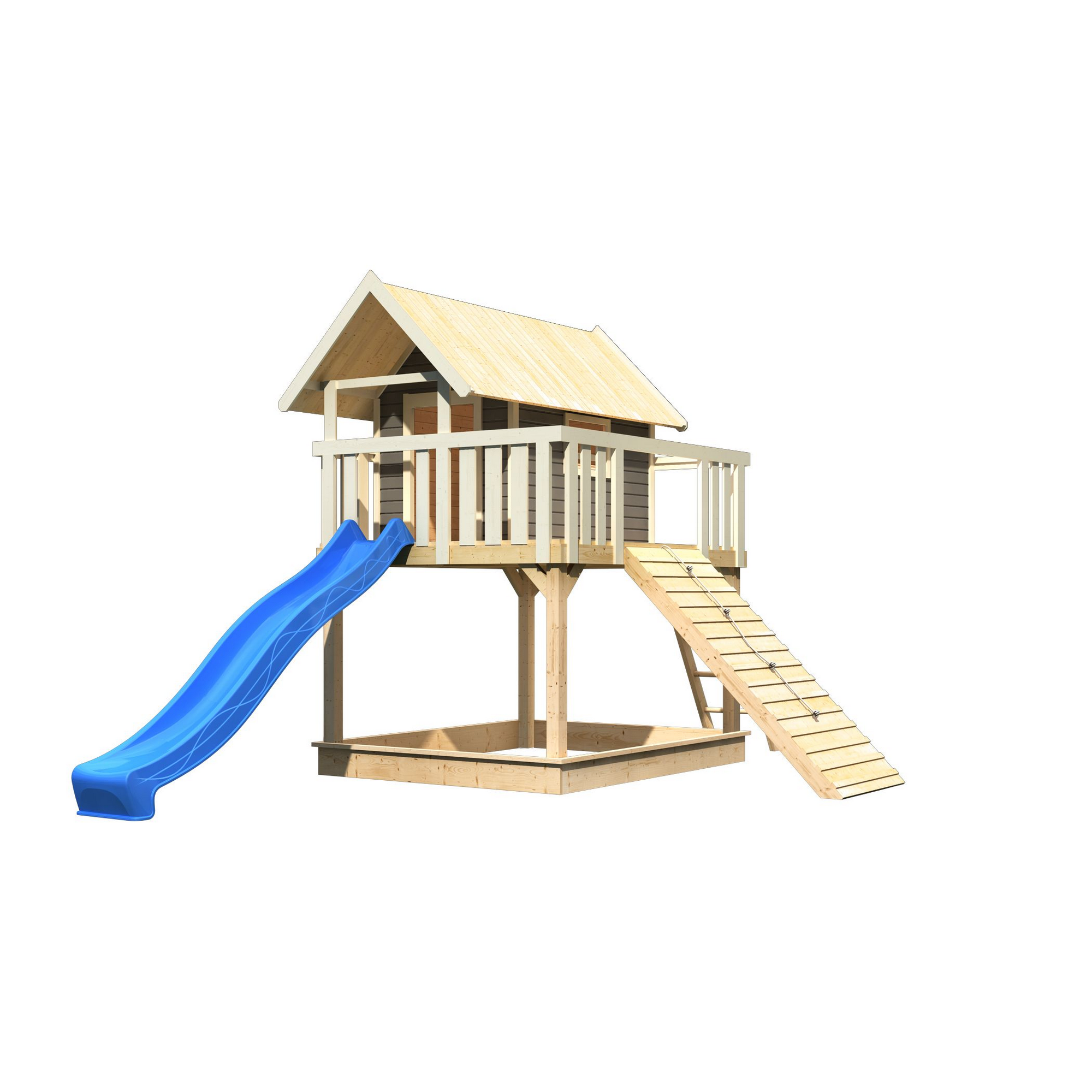 Stelzenhaus 'Karlie' terragrau mit Rutsche blau, Holzrampe 198 x 485 x 329,5 cm