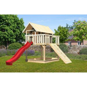 Stelzenhaus 'Karlie' terragrau mit Rutsche rot, Holzrampe 198 x 485 x 329,5 cm