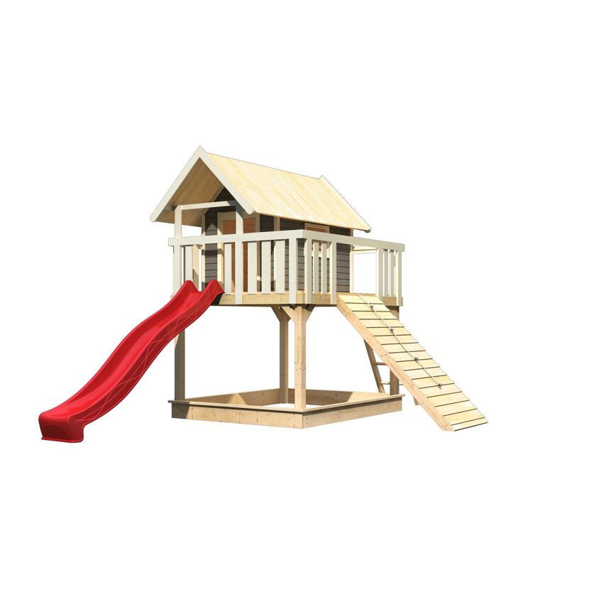 Stelzenhaus 'Karlie' terragrau mit Rutsche rot, Holzrampe 198 x 485 x 329,5 cm
