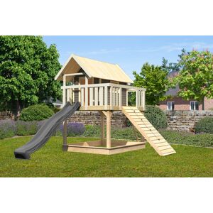 Stelzenhaus 'Karlie' terragrau mit Rutsche anthrazit, Holzrampe 198 x 485 x 329,5 cm