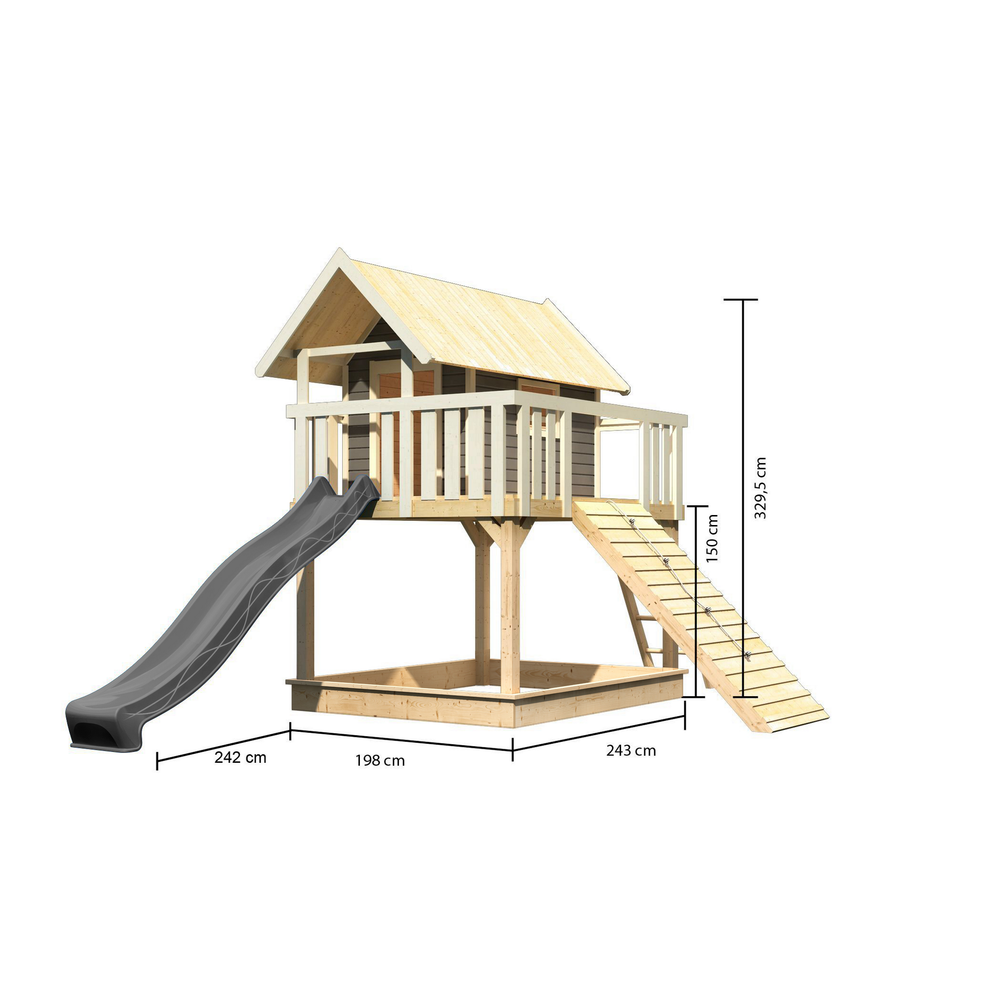 Stelzenhaus 'Karlie' terragrau mit Rutsche anthrazit, Holzrampe 198 x 485 x 329,5 cm