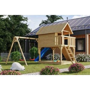 Stelzenhaus 'Karlie' naturbelassen mit Doppelschaukel, Rutsche blau 438 x 485 x 329,5 cm