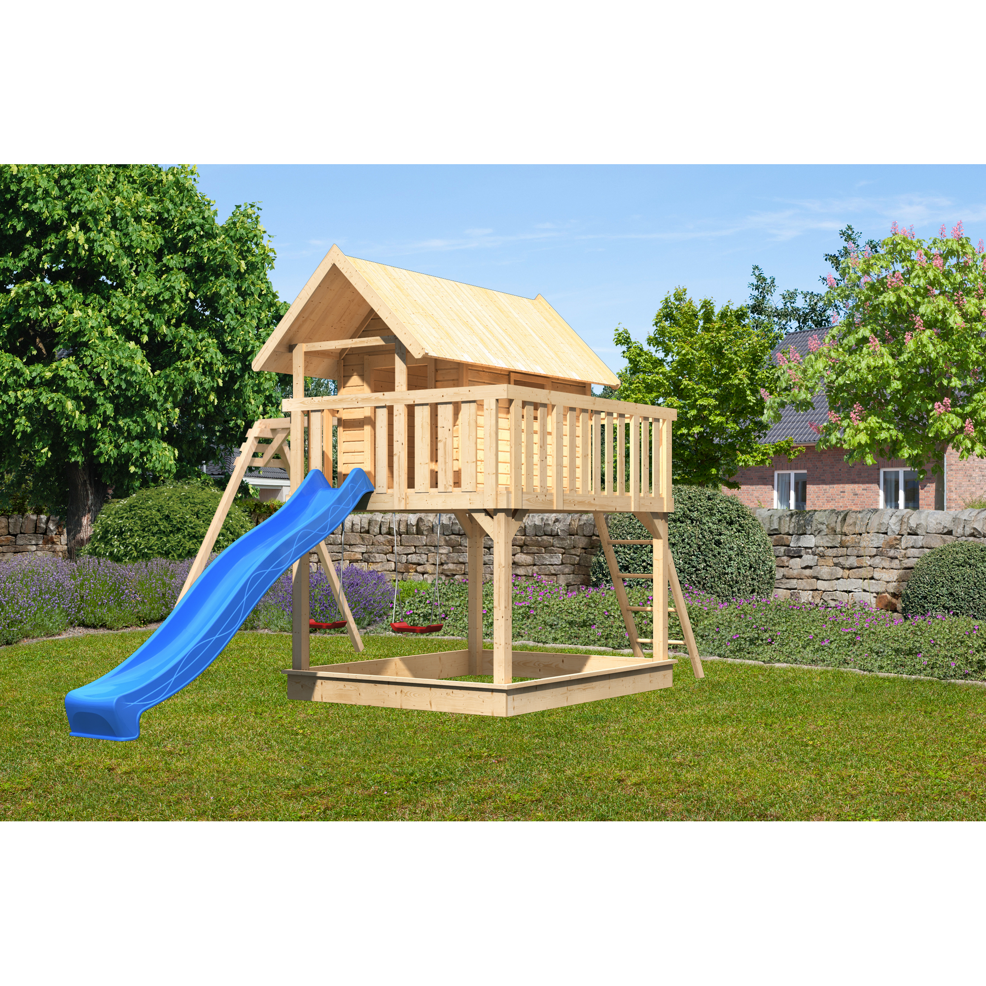 Stelzenhaus 'Karlie' naturbelassen mit Doppelschaukel, Rutsche blau 438 x 485 x 329,5 cm