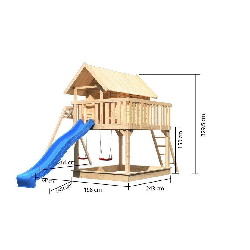 Stelzenhaus 'Karlie' naturbelassen mit Doppelschaukel, Rutsche blau 438 x 485 x 329,5 cm
