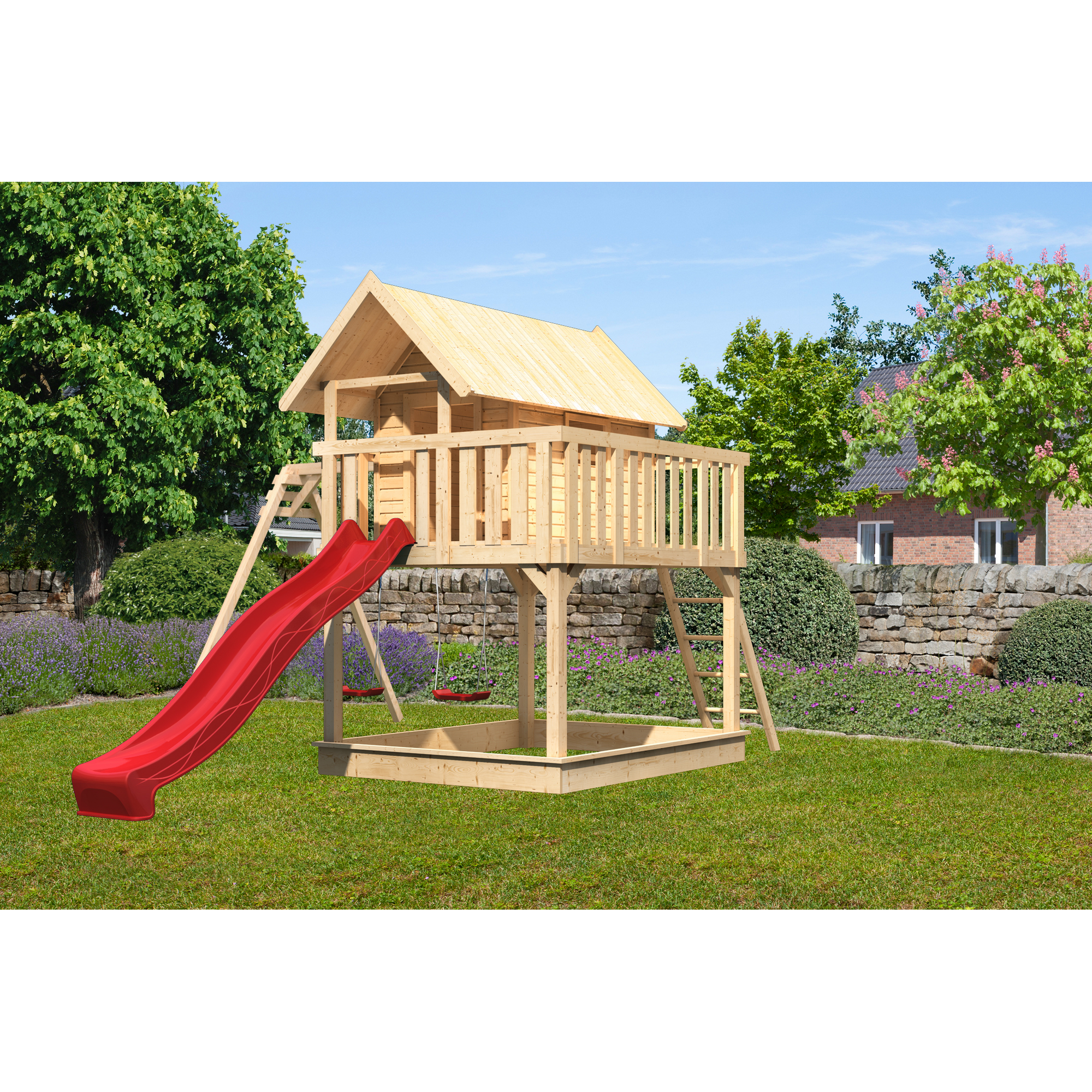 Stelzenhaus 'Karlie' naturbelassen mit Doppelschaukel, Rutsche rot 438 x 485 x 329,5 cm