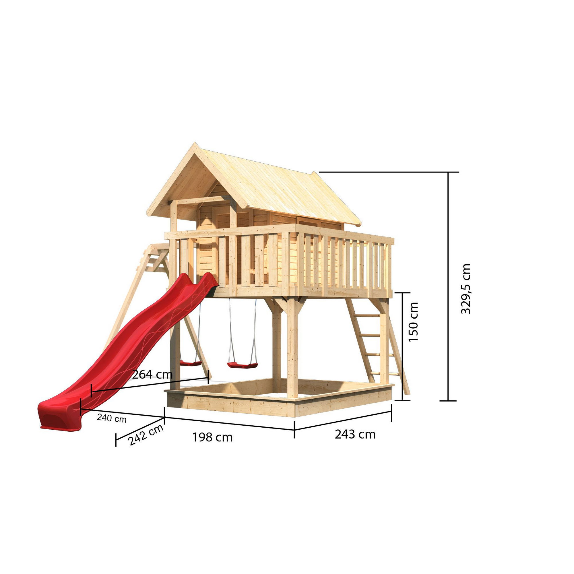 Stelzenhaus 'Karlie' naturbelassen mit Doppelschaukel, Rutsche rot 438 x 485 x 329,5 cm