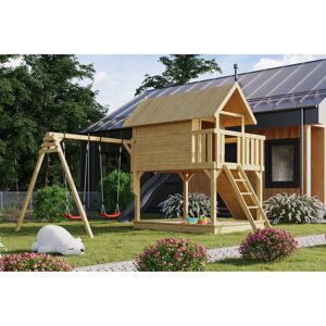 Stelzenhaus 'Karlie' naturbelassen mit Doppelschaukel, Rutsche anthrazit 438 x 485 x 329,5 cm
