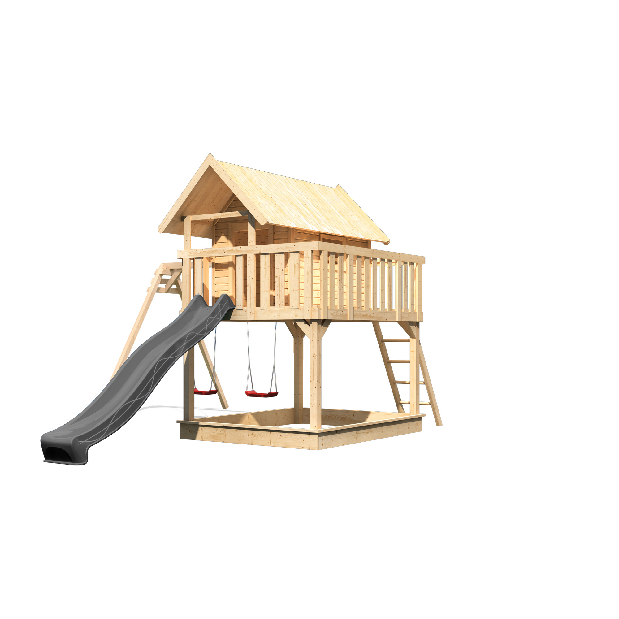 Stelzenhaus 'Karlie' naturbelassen mit Doppelschaukel, Rutsche anthrazit 438 x 485 x 329,5 cm